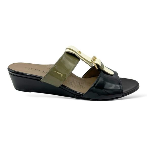 Anyi Lu Lucy Slip On Wedge Patent Leather Sandals Color Block Green/Black/Tan 11 - Picture 2 of 13